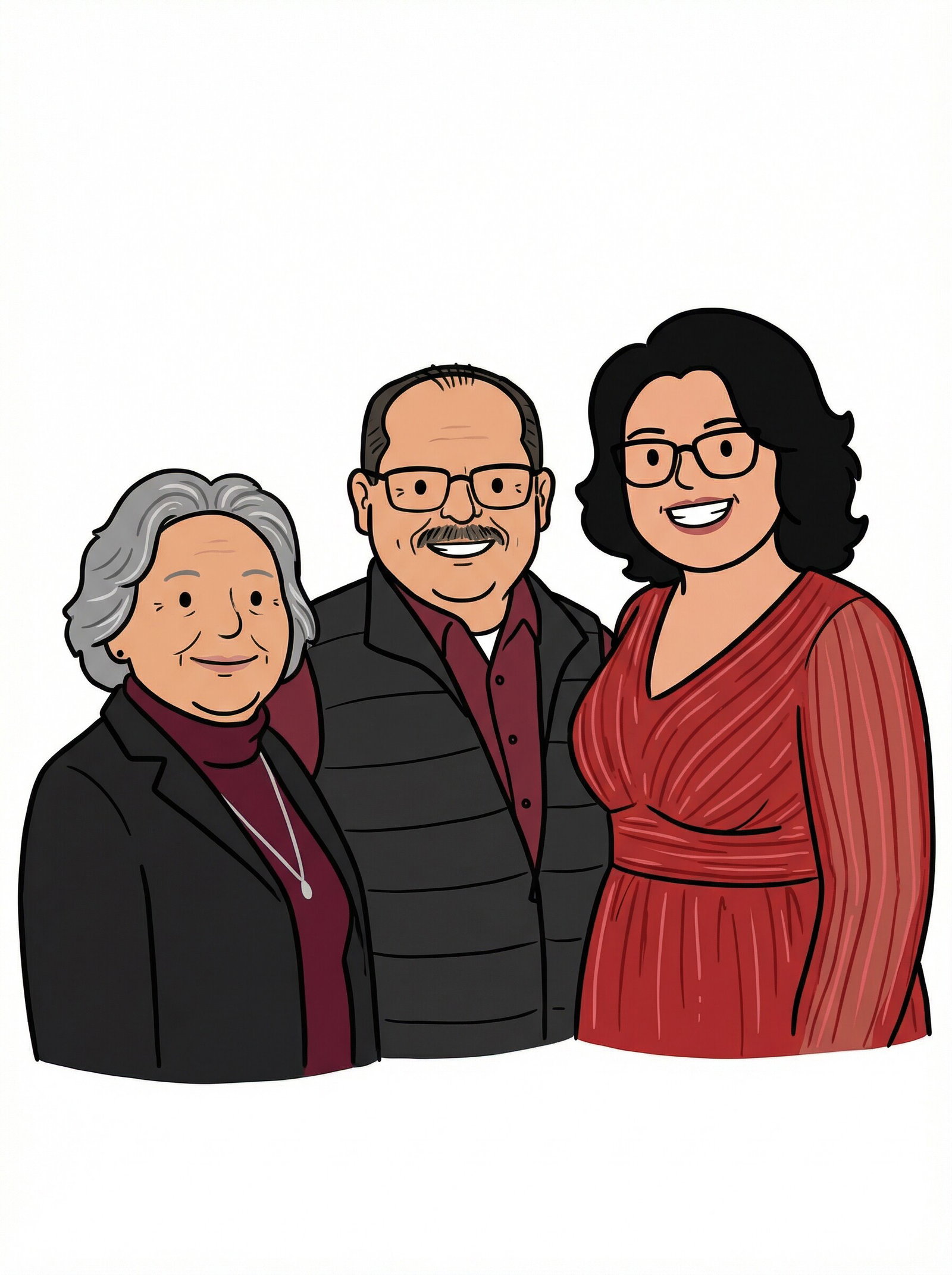 Hand-drawn doodle portrait of three family members created as a 29PM AI photo experience