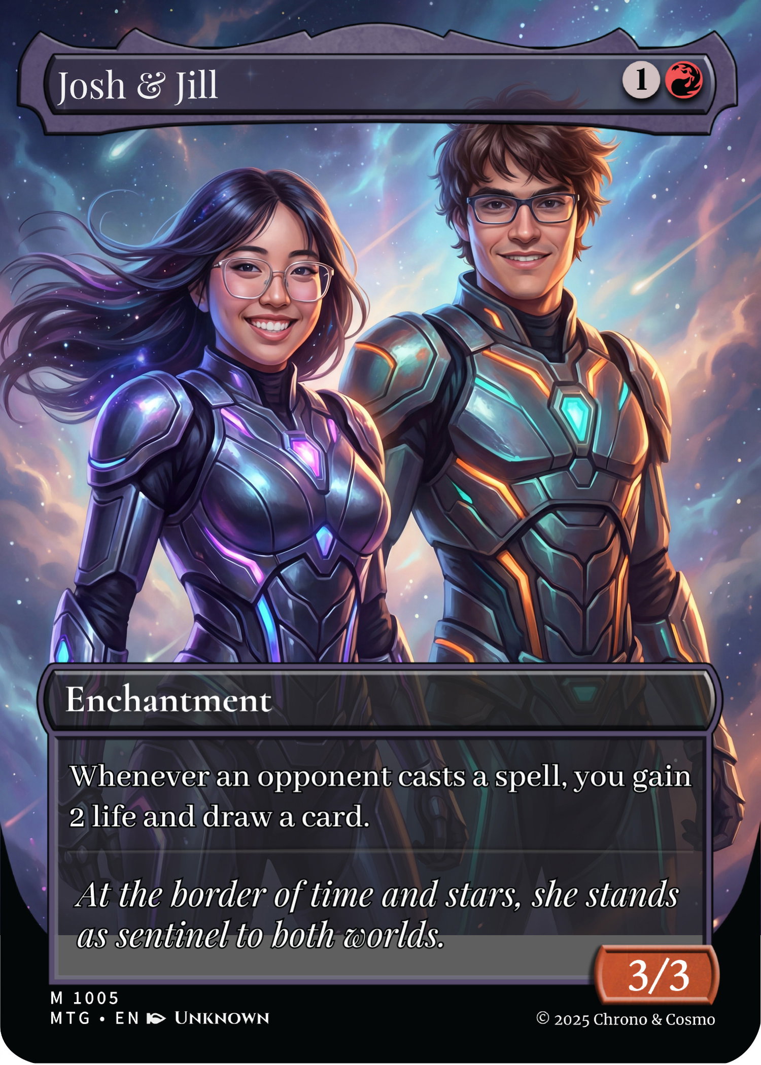 Josh and Jill illustrated as futuristic characters on a custom enchantment trading card